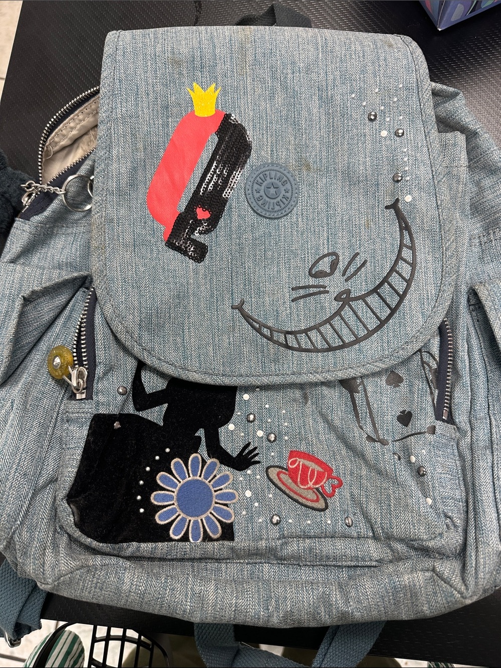 Kipling Kids Denim-Effect Backpack with Cheshire Cat Motif - Blue, Red, Yellow